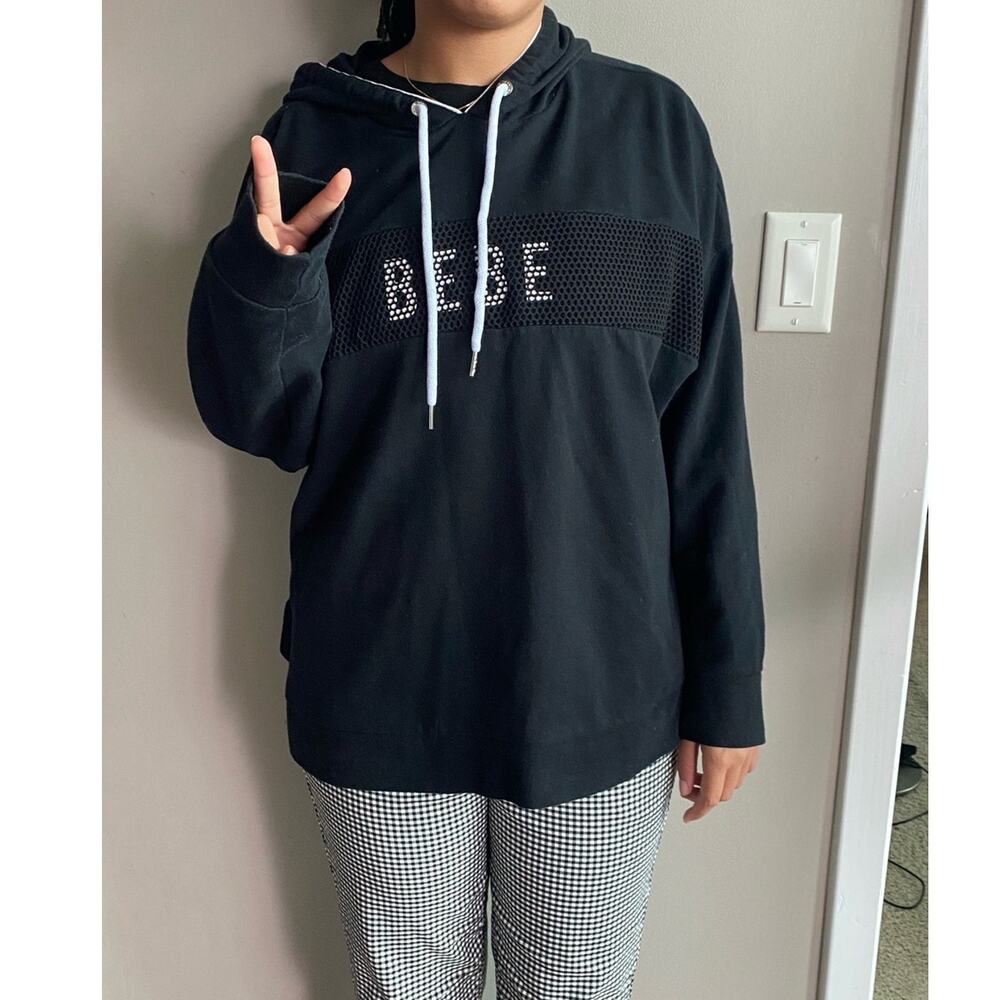 bebe Black Pullover Hoodie with Rhinestone Mesh Logo